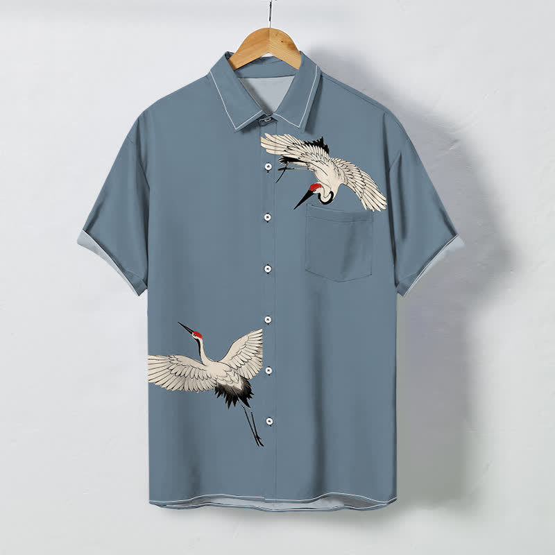 Nimara Ritual Soaring White Crane Pattern Buttons Breathable Men's Short Sleeve Shirt