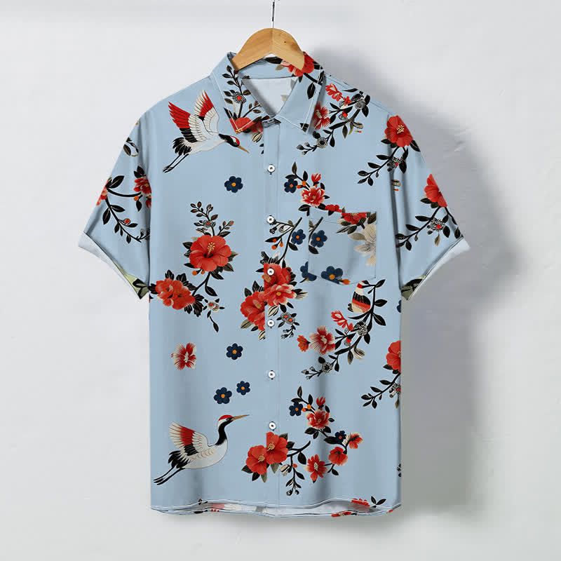 Nimara Ritual Crane Blossom Branch Pattern Buttons Breathable Men's Short Sleeve Shirt