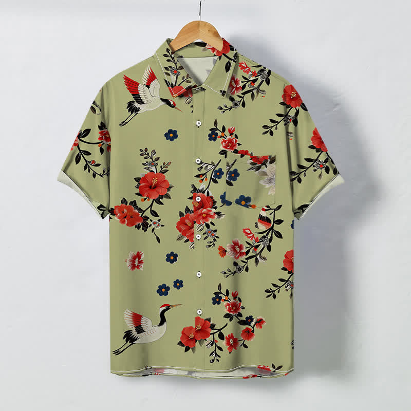 Nimara Ritual Crane Blossom Branch Pattern Buttons Breathable Men's Short Sleeve Shirt