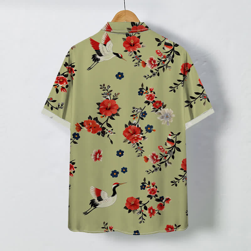 Nimara Ritual Crane Blossom Branch Pattern Buttons Breathable Men's Short Sleeve Shirt
