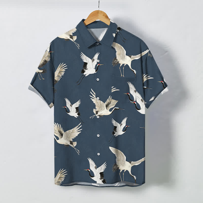 Nimara Ritual White Crane Bird Pattern Buttons Breathable Men's Short Sleeve Shirt