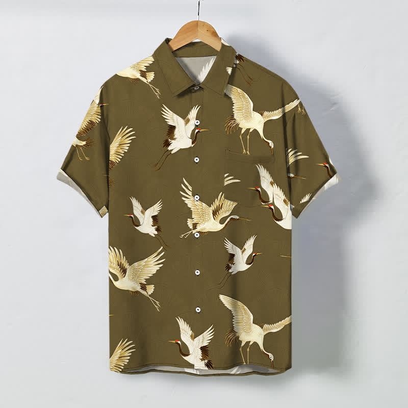 Nimara Ritual White Crane Bird Pattern Buttons Breathable Men's Short Sleeve Shirt