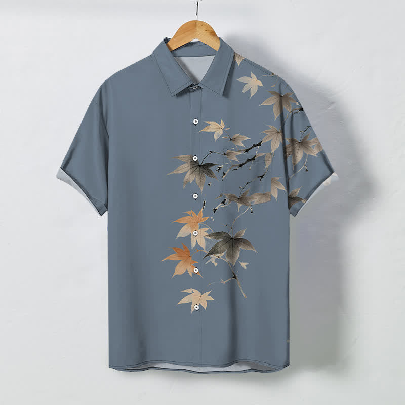 Nimara Ritual Autumn Maple Branch Pattern Buttons Breathable Men's Short Sleeve Shirt