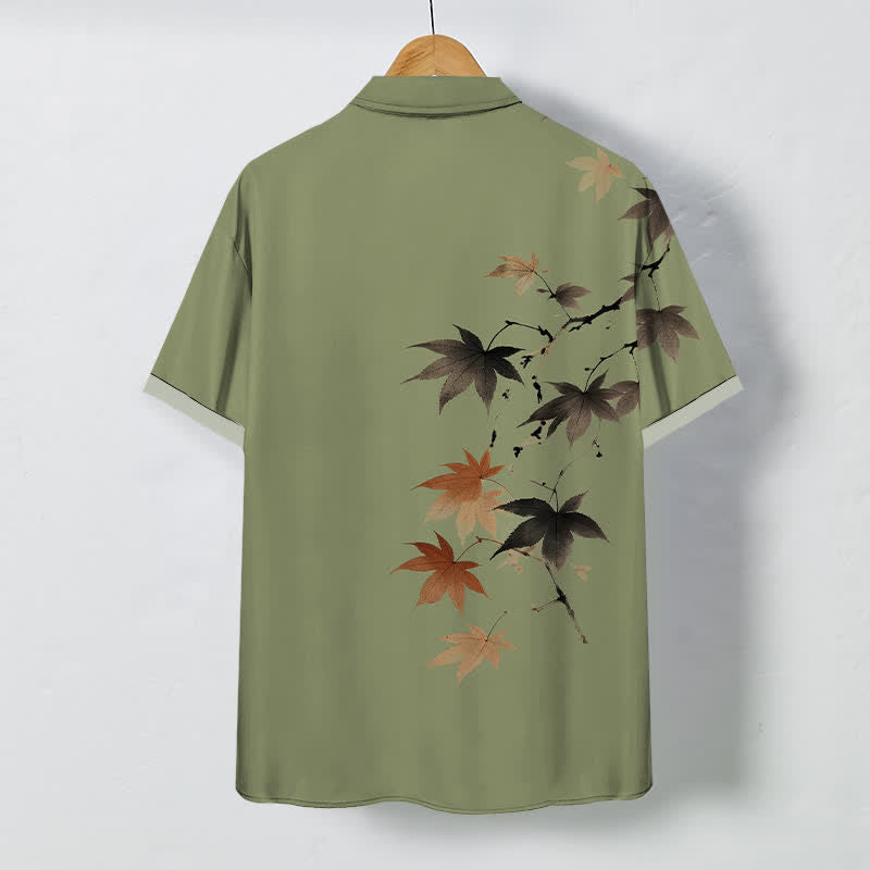 Nimara Ritual Autumn Maple Branch Pattern Buttons Breathable Men's Short Sleeve Shirt