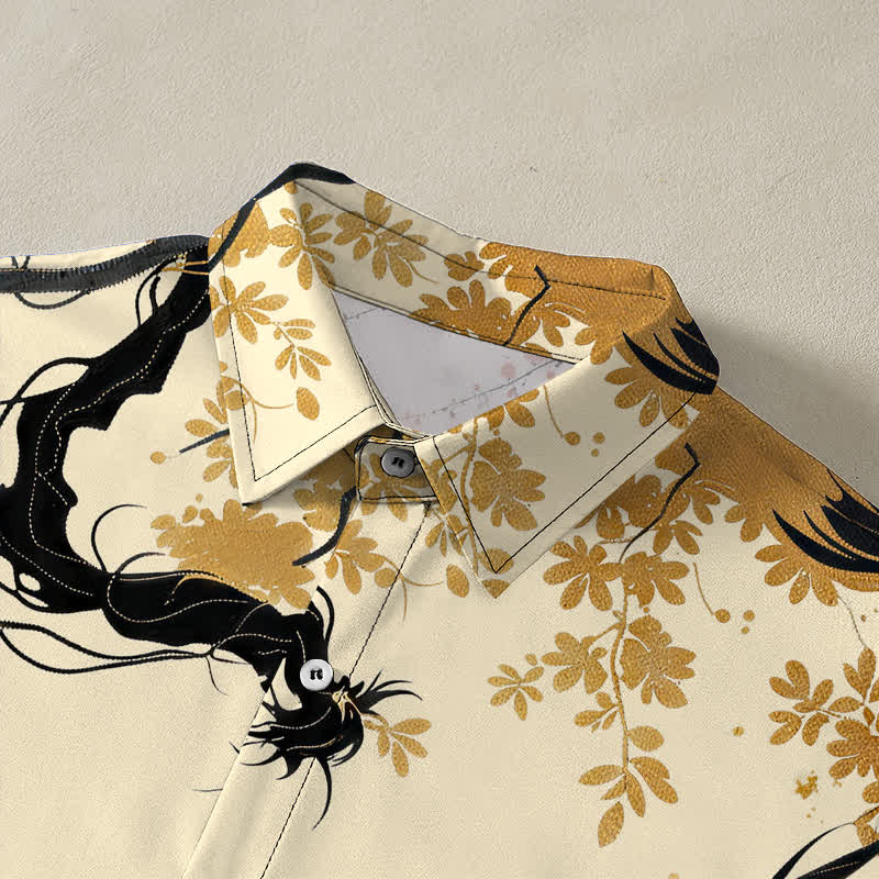 Nimara Ritual Golden Dragon Cloud Floral Pattern Buttons Breathable Men's Short Sleeve Shirt