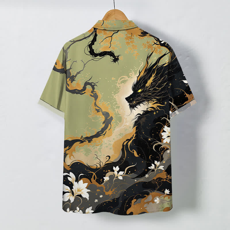 Nimara Ritual Golden Dragon Cloud Floral Pattern Buttons Breathable Men's Short Sleeve Shirt