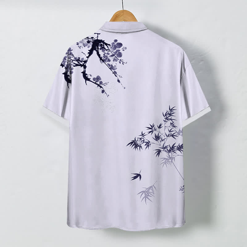 Nimara Ritual Ink Bamboo Leaf Tree Branches Pattern Buttons Breathable Men's Short Sleeve Shirt