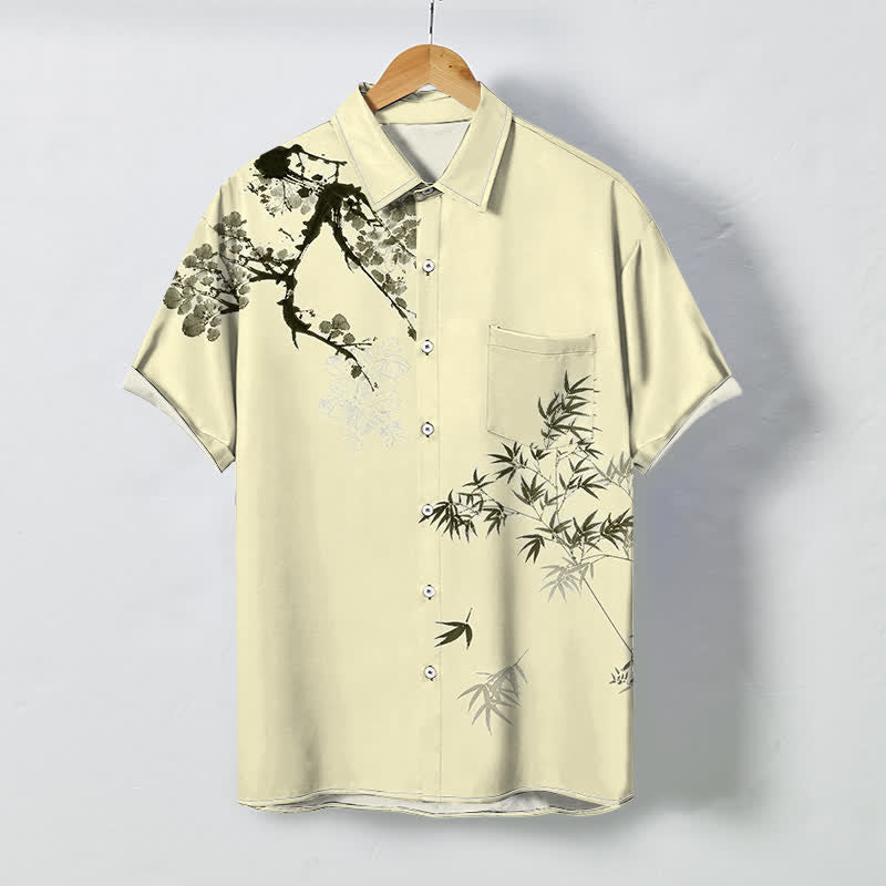 Nimara Ritual Ink Bamboo Leaf Tree Branches Pattern Buttons Breathable Men's Short Sleeve Shirt