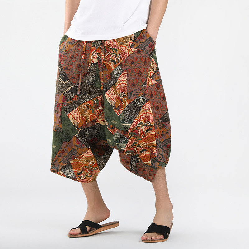 Nimara Ritual Summer Boho Casual Drawstring Abstract Geometry Capri Pants Men's Harem Pants With Pocket