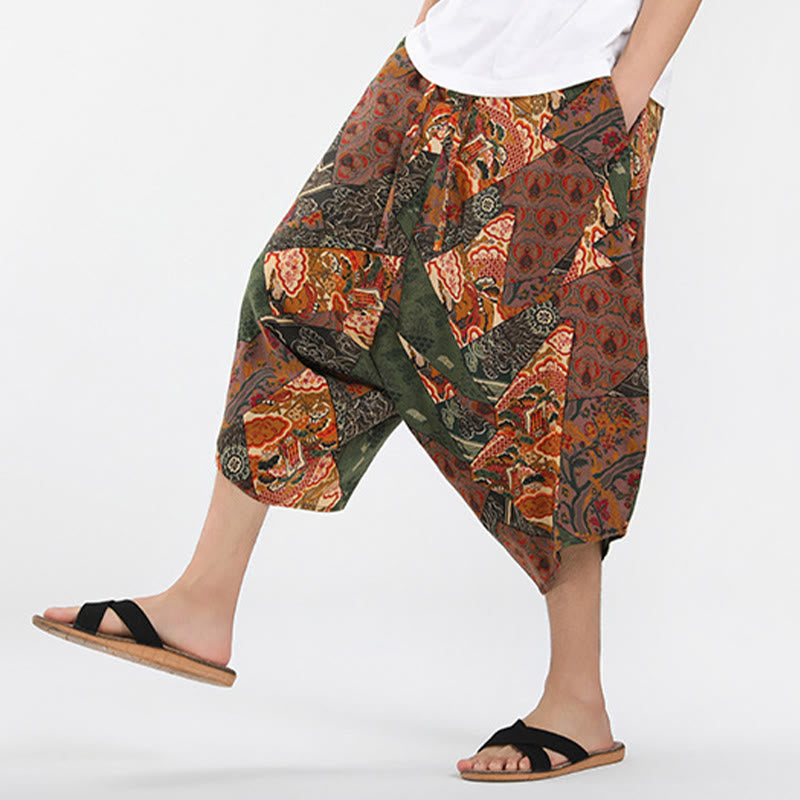 Nimara Ritual Summer Boho Casual Drawstring Abstract Geometry Capri Pants Men's Harem Pants With Pocket