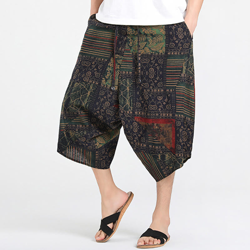 Nimara Ritual Summer Boho Casual Drawstring Abstract Geometry Capri Pants Men's Harem Pants With Pocket