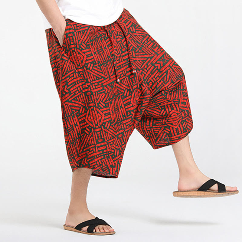 Nimara Ritual Summer Boho Casual Drawstring Abstract Geometry Capri Pants Men's Harem Pants With Pocket