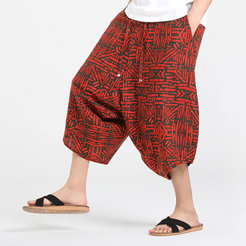 Nimara Ritual Summer Boho Casual Drawstring Abstract Geometry Capri Pants Men's Harem Pants With Pocket