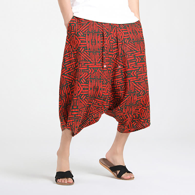 Nimara Ritual Summer Boho Casual Drawstring Abstract Geometry Capri Pants Men's Harem Pants With Pocket