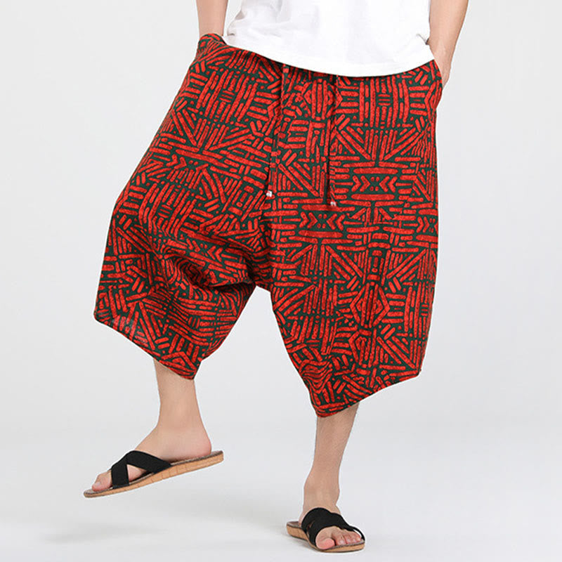 Nimara Ritual Summer Boho Casual Drawstring Abstract Geometry Capri Pants Men's Harem Pants With Pocket