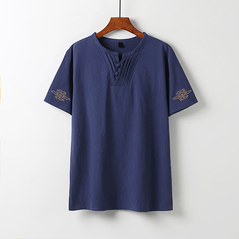 Nimara Ritual Summer Tang Style Frog Button Auspicious Clouds Embroidery Solid Men's Short Sleeve Shirts