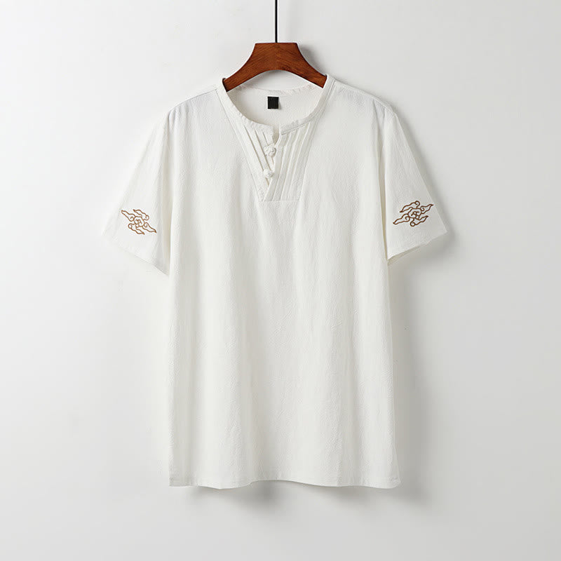 Nimara Ritual Summer Tang Style Frog Button Auspicious Clouds Embroidery Solid Men's Short Sleeve Shirts
