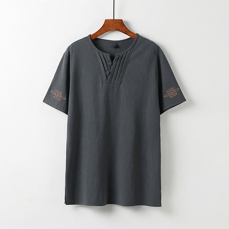 Nimara Ritual Summer Tang Style Frog Button Auspicious Clouds Embroidery Solid Men's Short Sleeve Shirts