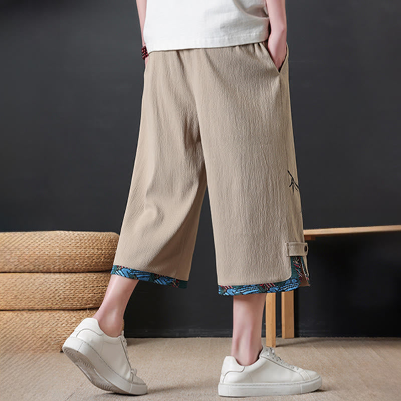 Nimara Ritual Summer Tang Style Casual Drawstring Bamboo Print Half Pants Men's Straight Leg Pants With Pocket