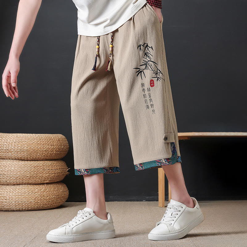 Nimara Ritual Summer Tang Style Casual Drawstring Bamboo Print Half Pants Men's Straight Leg Pants With Pocket