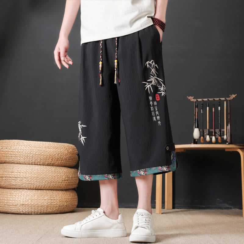 Nimara Ritual Summer Tang Style Casual Drawstring Bamboo Print Half Pants Men's Straight Leg Pants With Pocket