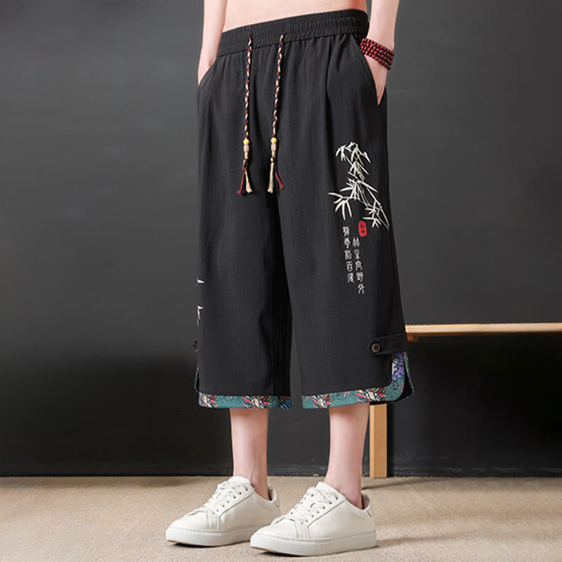 Nimara Ritual Summer Tang Style Casual Drawstring Bamboo Print Half Pants Men's Straight Leg Pants With Pocket