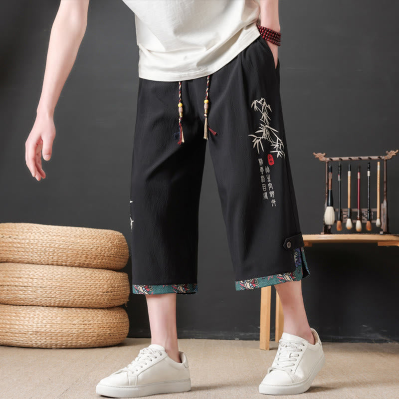 Nimara Ritual Summer Tang Style Casual Drawstring Bamboo Print Half Pants Men's Straight Leg Pants With Pocket