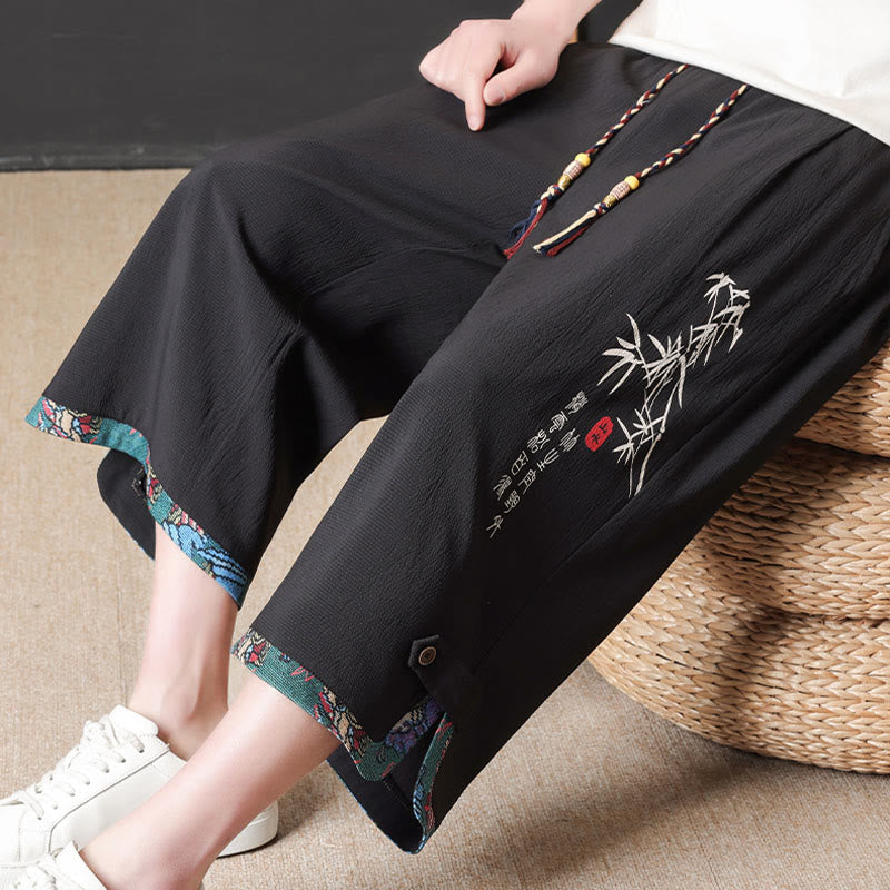 Nimara Ritual Summer Tang Style Casual Drawstring Bamboo Print Half Pants Men's Straight Leg Pants With Pocket