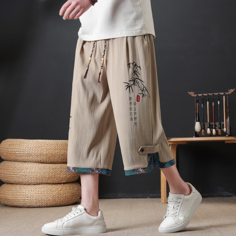 Nimara Ritual Summer Tang Style Casual Drawstring Bamboo Print Half Pants Men's Straight Leg Pants With Pocket