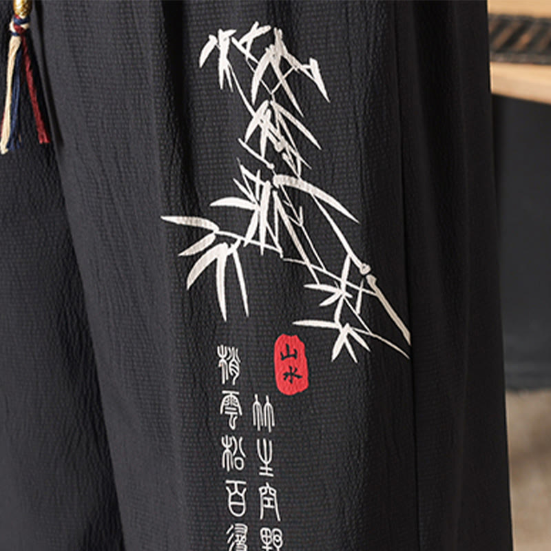 Nimara Ritual Summer Tang Style Casual Drawstring Bamboo Print Half Pants Men's Straight Leg Pants With Pocket