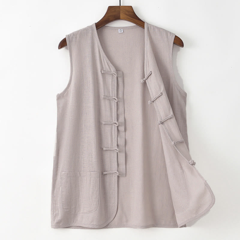 Nimara Ritual Summer Tang Style Casual Frog Button Solid Tank Top Men's Sleeveless Shirts With Pocket
