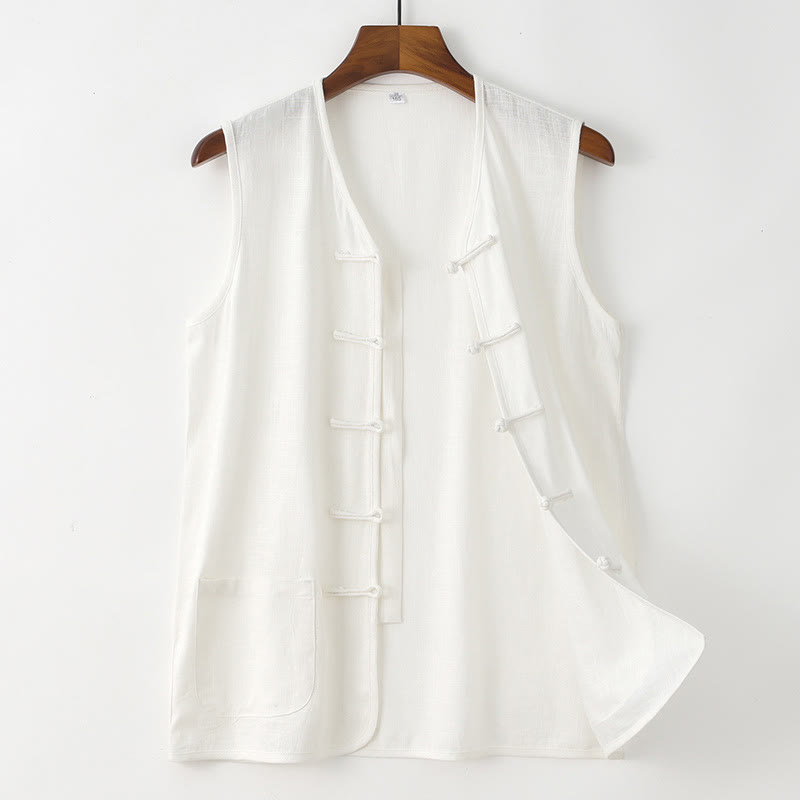 Nimara Ritual Summer Tang Style Casual Frog Button Solid Tank Top Men's Sleeveless Shirts With Pocket