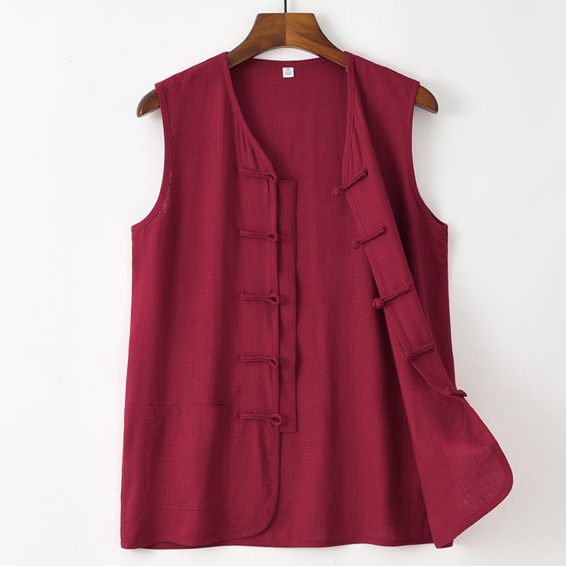 Nimara Ritual Summer Tang Style Casual Frog Button Solid Tank Top Men's Sleeveless Shirts With Pocket