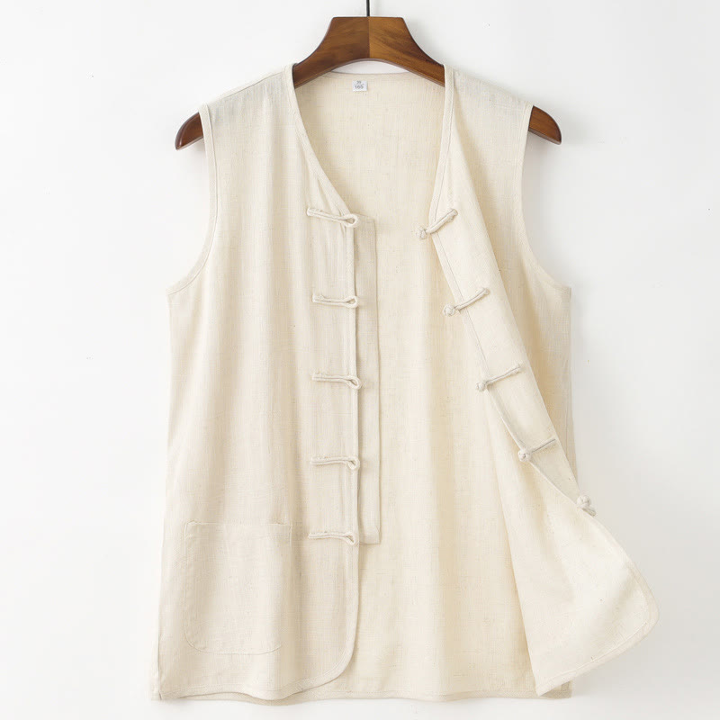 Nimara Ritual Summer Tang Style Casual Frog Button Solid Tank Top Men's Sleeveless Shirts With Pocket