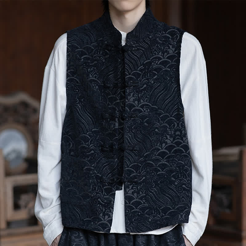 Nimara Ritual Fall Tang Style Vintage Mandarin Collar Frog Button Abstract Jacquard Men's Sleeveless Shirts