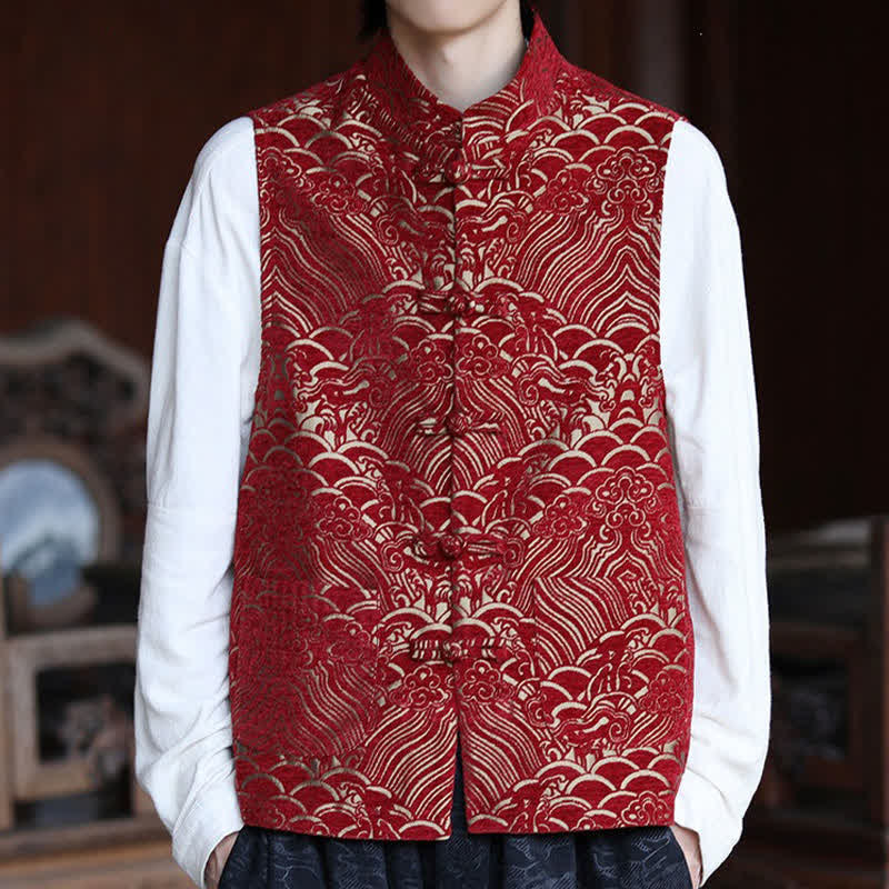 Nimara Ritual Fall Tang Style Vintage Mandarin Collar Frog Button Abstract Jacquard Men's Sleeveless Shirts
