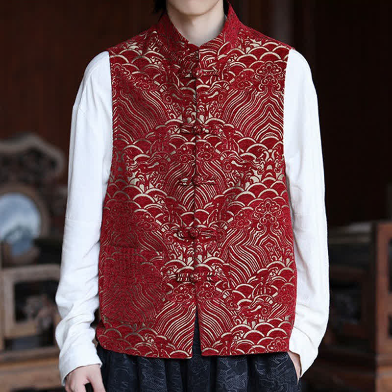 Nimara Ritual Fall Tang Style Vintage Mandarin Collar Frog Button Abstract Jacquard Men's Sleeveless Shirts
