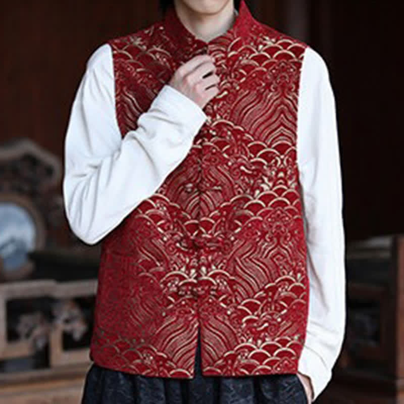 Nimara Ritual Fall Tang Style Vintage Mandarin Collar Frog Button Abstract Jacquard Men's Sleeveless Shirts