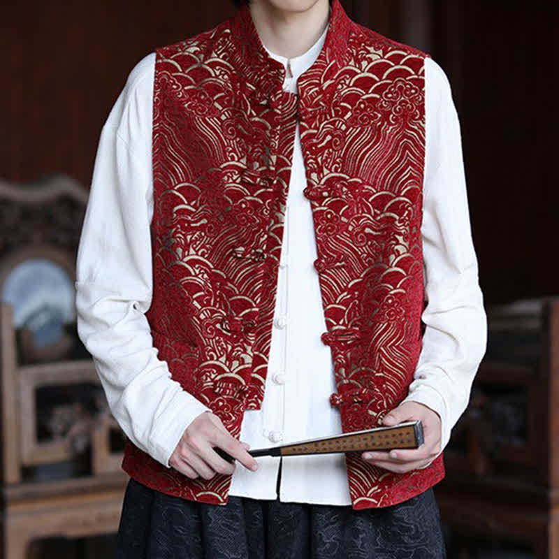 Nimara Ritual Fall Tang Style Vintage Mandarin Collar Frog Button Abstract Jacquard Men's Sleeveless Shirts