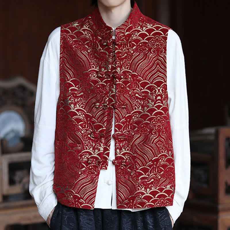 Nimara Ritual Fall Tang Style Vintage Mandarin Collar Frog Button Abstract Jacquard Men's Sleeveless Shirts