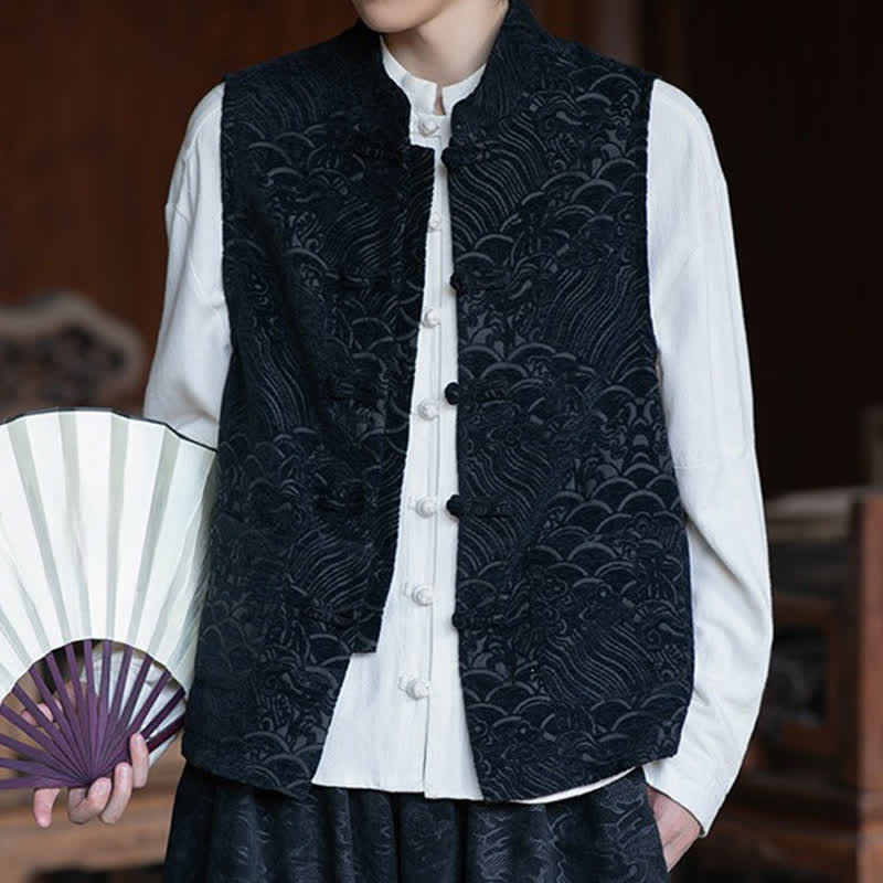 Nimara Ritual Fall Tang Style Vintage Mandarin Collar Frog Button Abstract Jacquard Men's Sleeveless Shirts