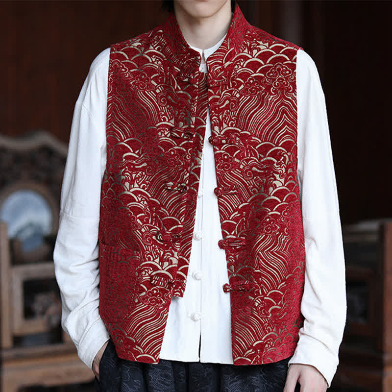 Nimara Ritual Fall Tang Style Vintage Mandarin Collar Frog Button Abstract Jacquard Men's Sleeveless Shirts
