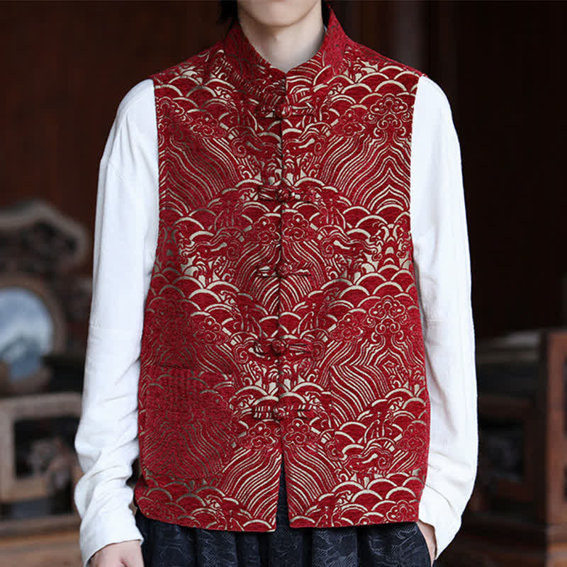 Nimara Ritual Fall Tang Style Vintage Mandarin Collar Frog Button Abstract Jacquard Men's Sleeveless Shirts