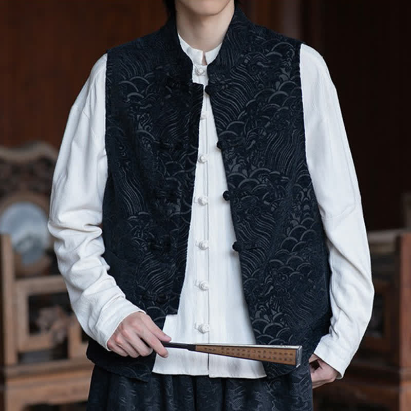 Nimara Ritual Fall Tang Style Vintage Mandarin Collar Frog Button Abstract Jacquard Men's Sleeveless Shirts