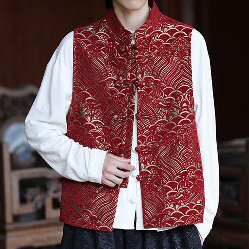Nimara Ritual Fall Tang Style Vintage Mandarin Collar Frog Button Abstract Jacquard Men's Sleeveless Shirts