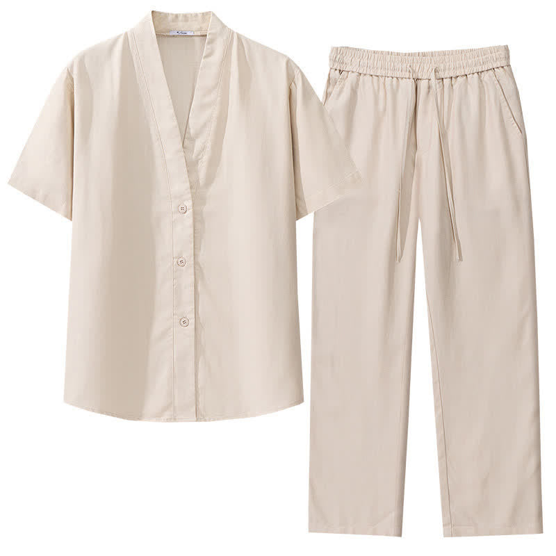 Nimara Ritual 2Pcs Spring Summer Casual Minimalist Button-Up Shirt Drawstring Pants Solid Men's Meditation Cloth With Pockets
