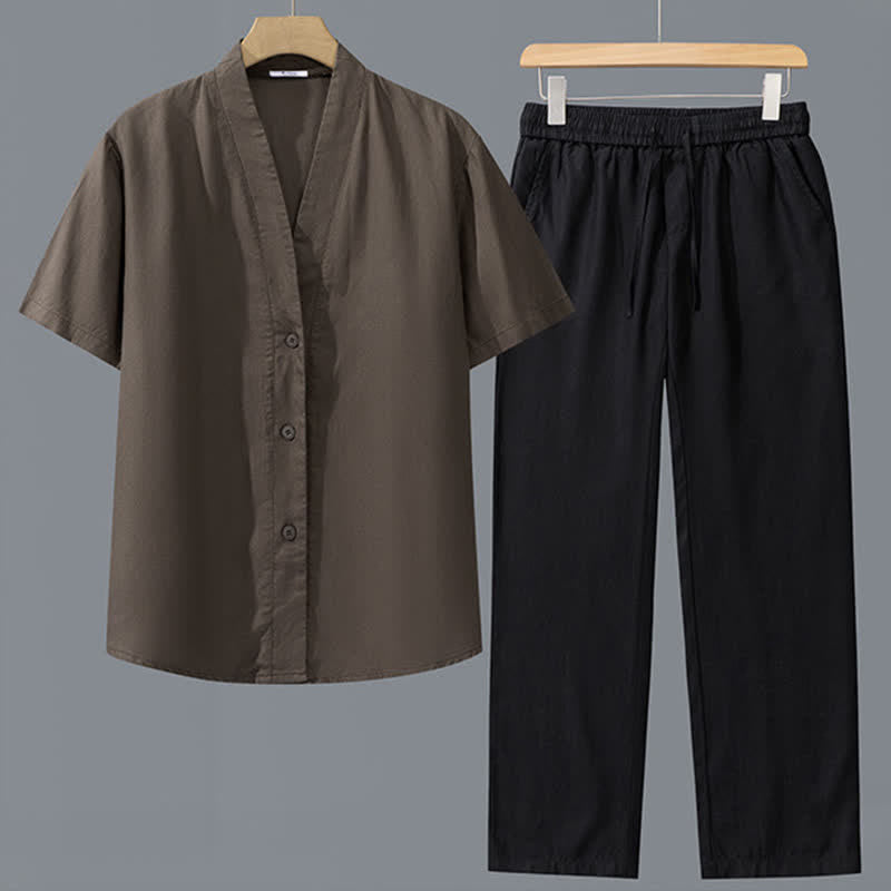 Nimara Ritual 2Pcs Spring Summer Casual Minimalist Button-Up Shirt Drawstring Pants Solid Men's Meditation Cloth With Pockets