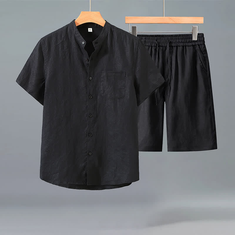Nimara Ritual 2Pcs Summer Casual Tang Style Button-Up Short Sleeve Shirt Shorts Solid Linen Men's Meditation Cloth With Pocket
