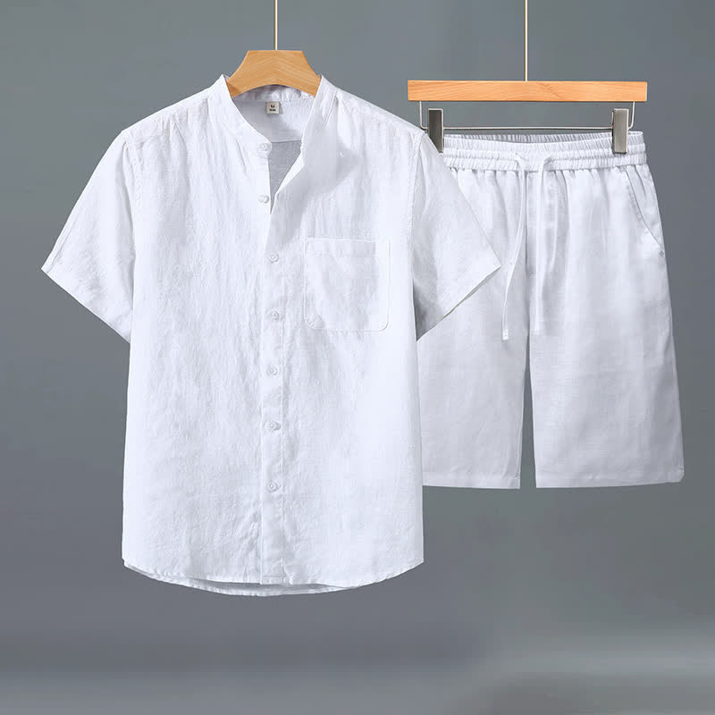 Nimara Ritual 2Pcs Summer Casual Tang Style Button-Up Short Sleeve Shirt Shorts Solid Linen Men's Meditation Cloth With Pocket
