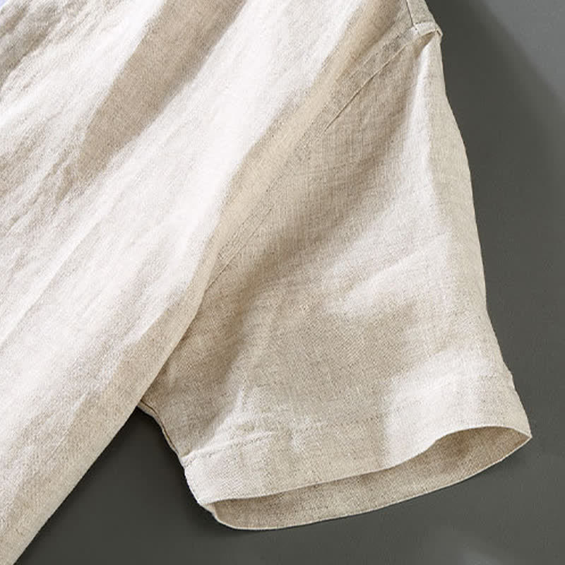 Nimara Ritual 2Pcs Summer Tang Style Meditation Frog Button Short Sleeve Shirt Pants Solid Linen Men's Meditation Cloth
